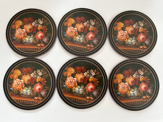 Vintage Pimpernel Coasters Flemish Flowers Black Set of 6